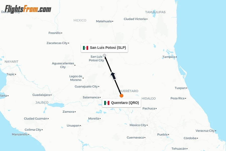 Flights from Queretaro to San Luis Potosi route map
