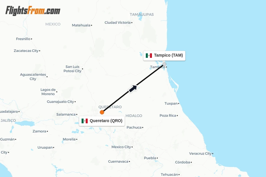 Flights from Queretaro to Tampico route map