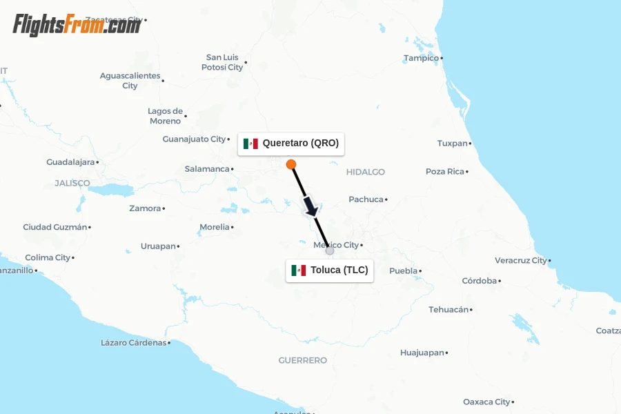 Flights from Queretaro to Toluca route map