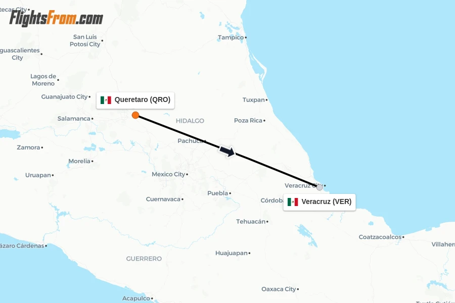 Flights from Queretaro to Veracruz route map