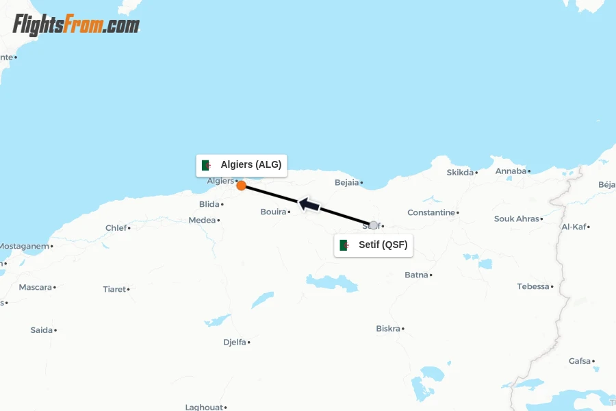 Flights from Setif to Algiers route map