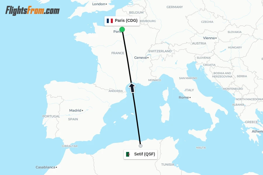 Flights from Setif to Paris route map