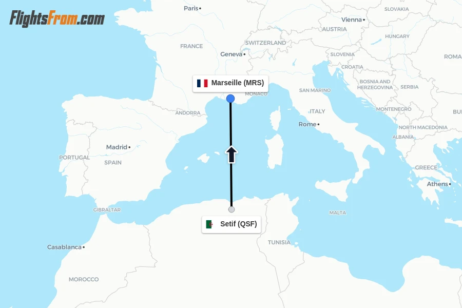 Flights from Setif to Marseille route map