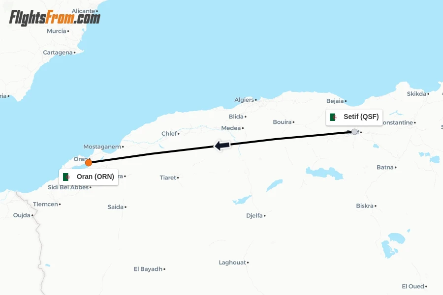Flights from Setif to Oran route map