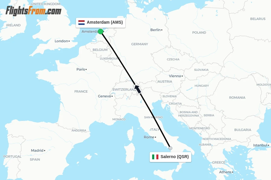 Flights from Salerno to Amsterdam route map