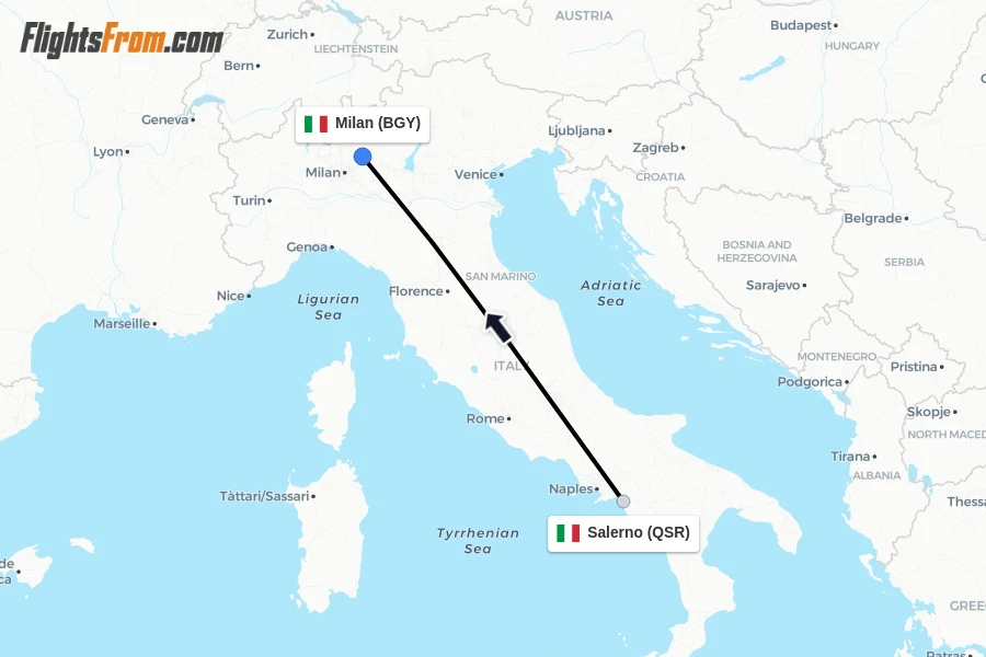 Flights from Salerno to Milan route map