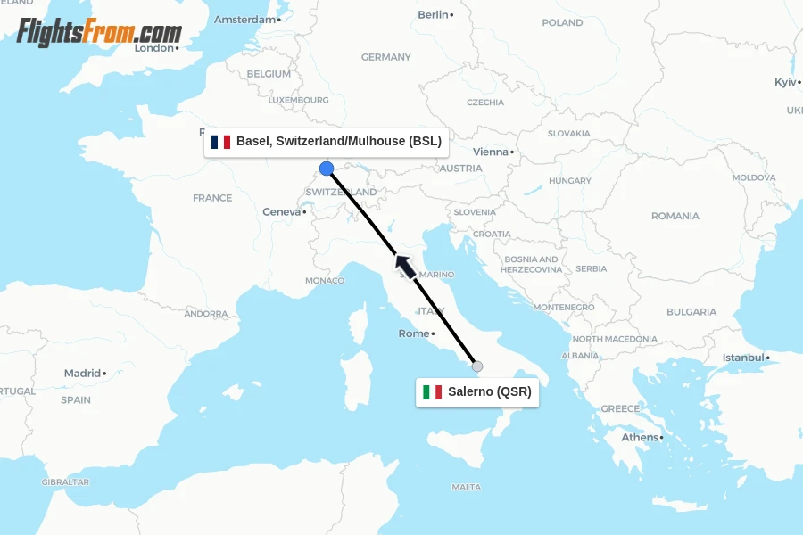 Flights from Salerno to Basel, Switzerland/Mulhouse route map