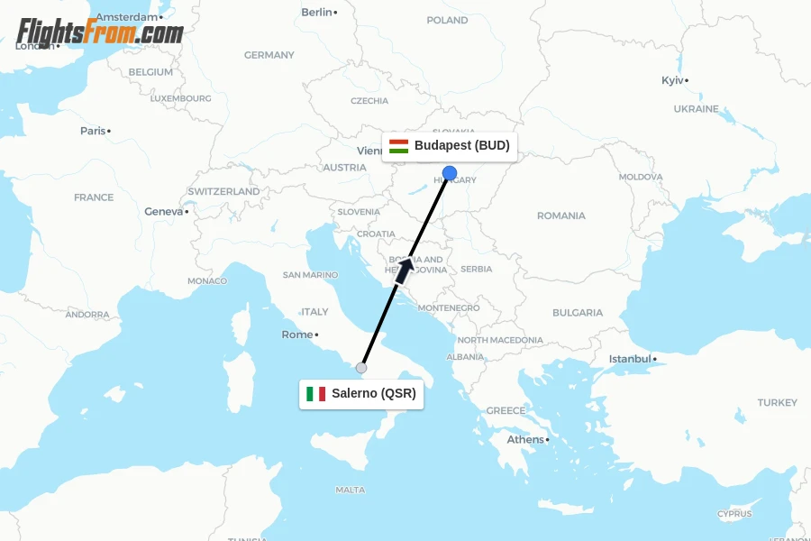 Flights from Salerno to Budapest route map