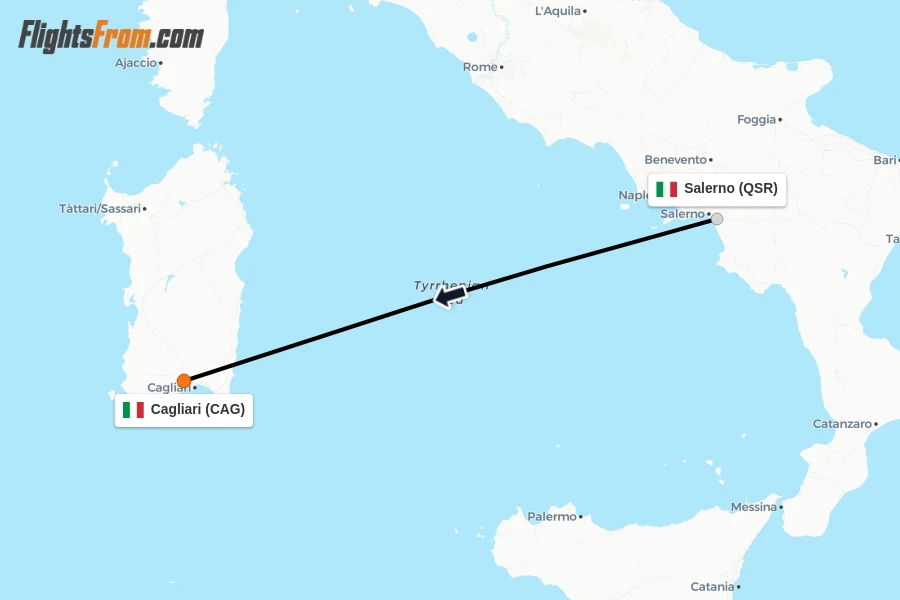 Flights from Salerno to Cagliari route map