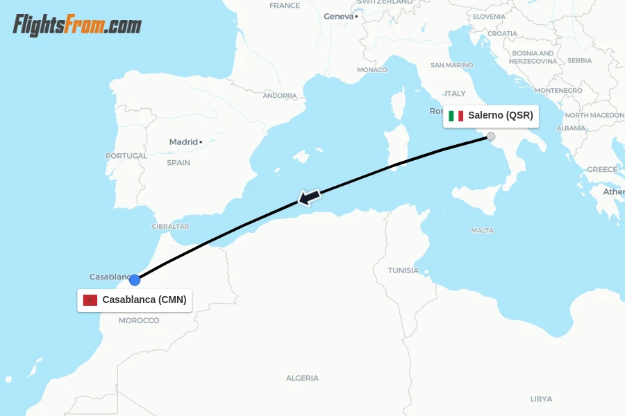 Flights from Salerno to Casablanca route map