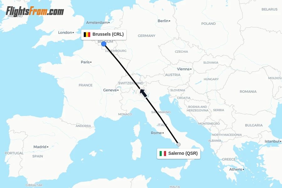 Flights from Salerno to Brussels route map