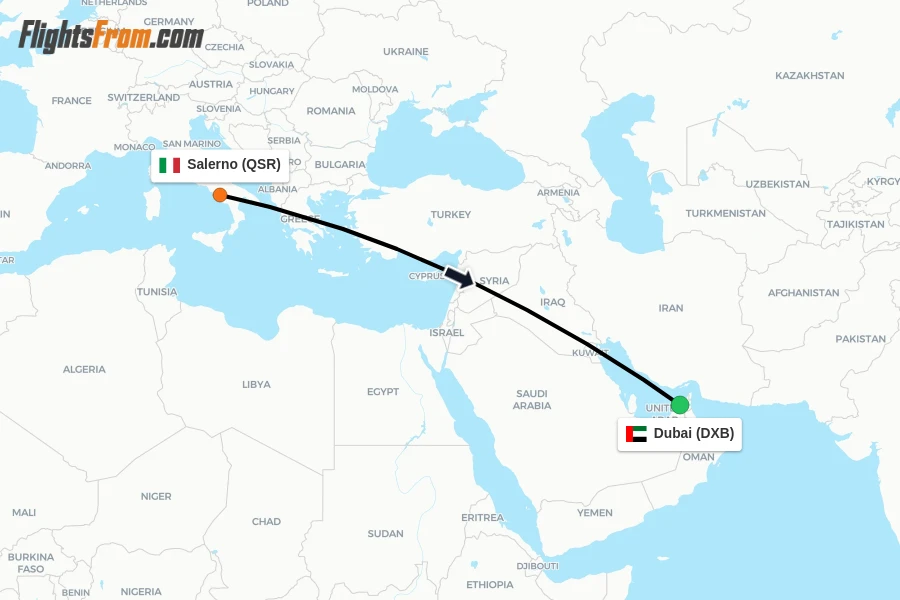 Flights from Salerno to Dubai route map