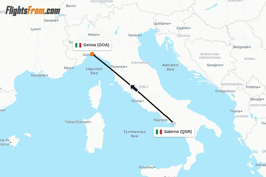 Flights from Salerno to Genoa route map