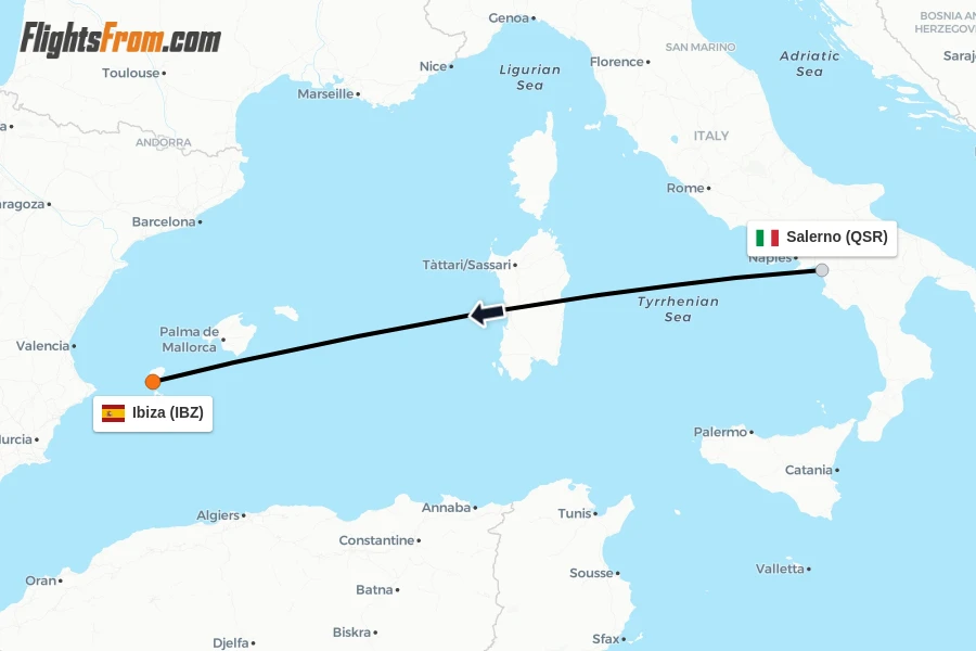 Flights from Salerno to Ibiza route map
