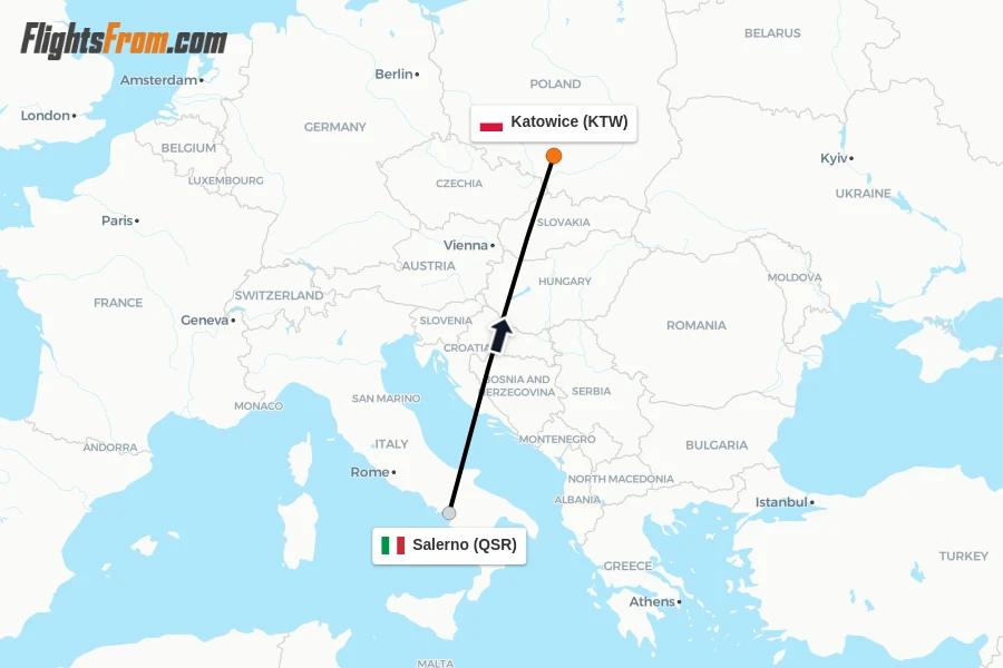 Flights from Salerno to Katowice route map