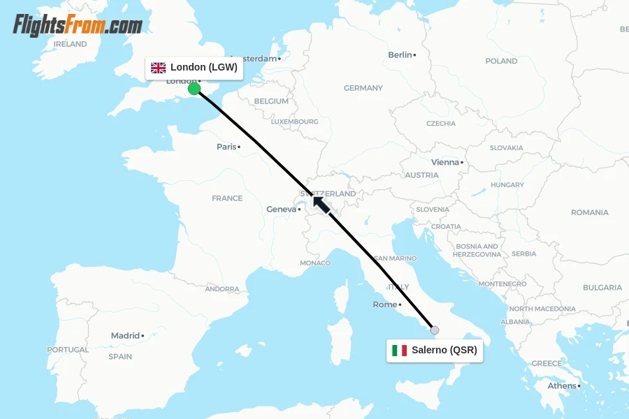Flights from Salerno to London route map