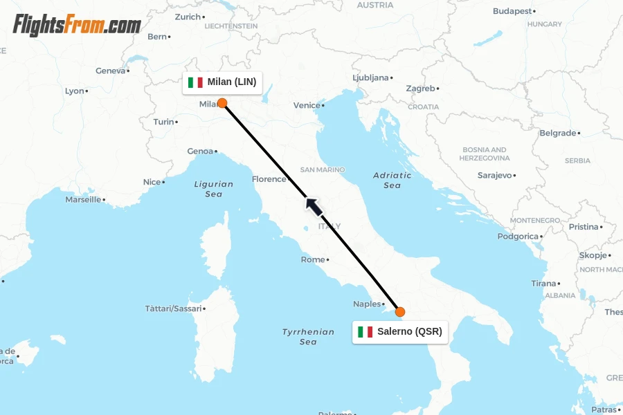 Flights from Salerno to Milan route map