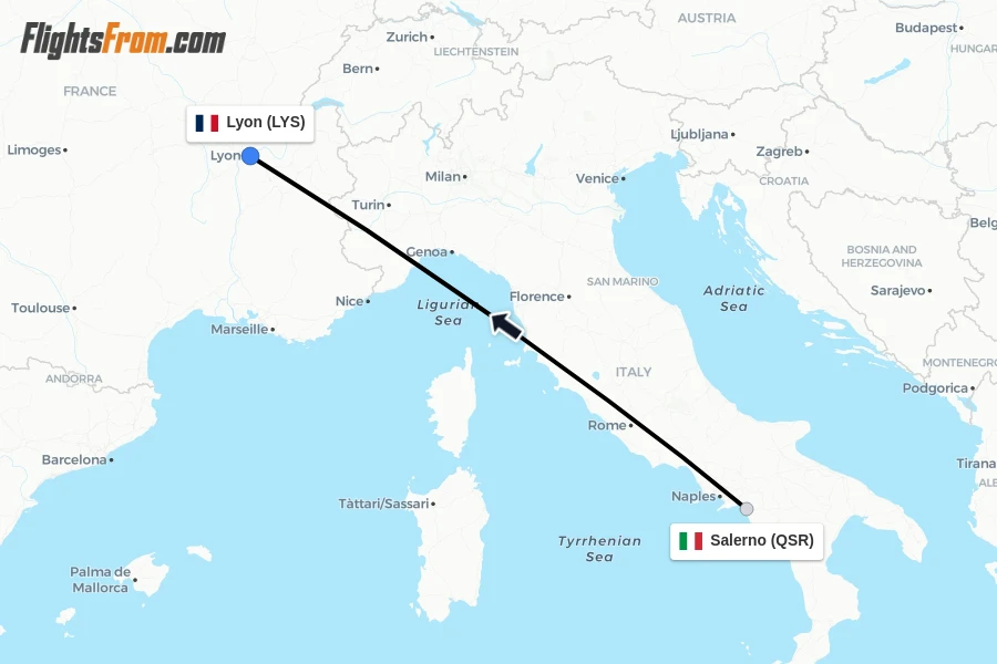 Flights from Salerno to Lyon route map