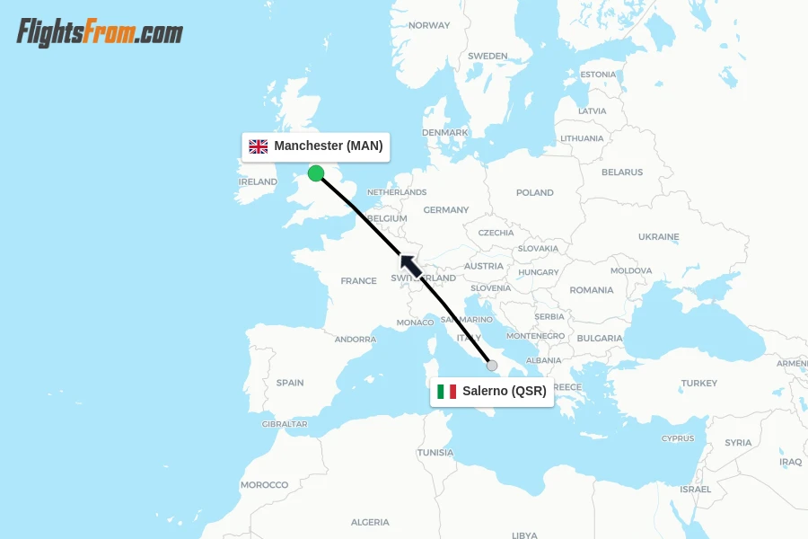 Flights from Salerno to Manchester route map