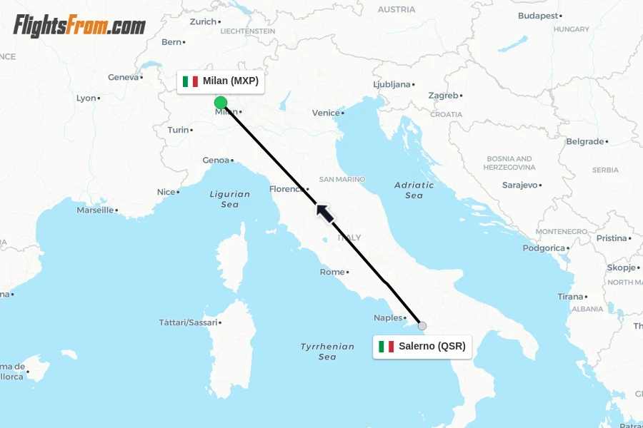 Flights from Salerno to Milan route map