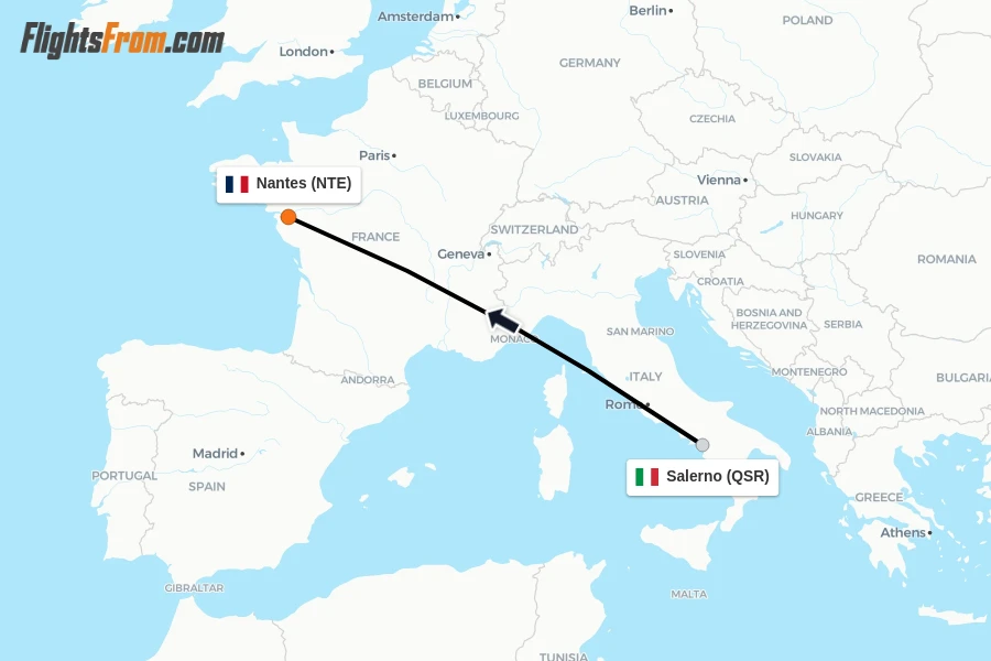 Flights from Salerno to Nantes route map
