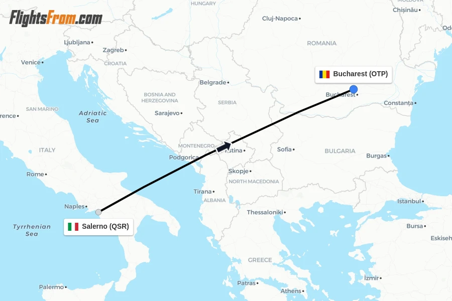 Flights from Salerno to Bucharest route map