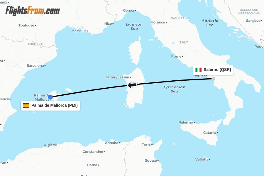 Flights from Salerno to Palma de Mallorca route map