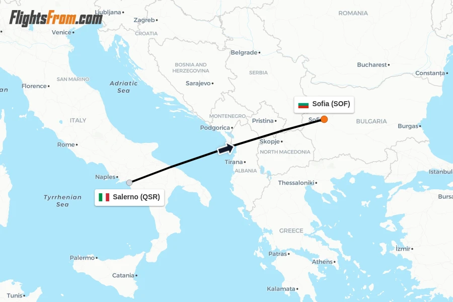 Flights from Salerno to Sofia route map