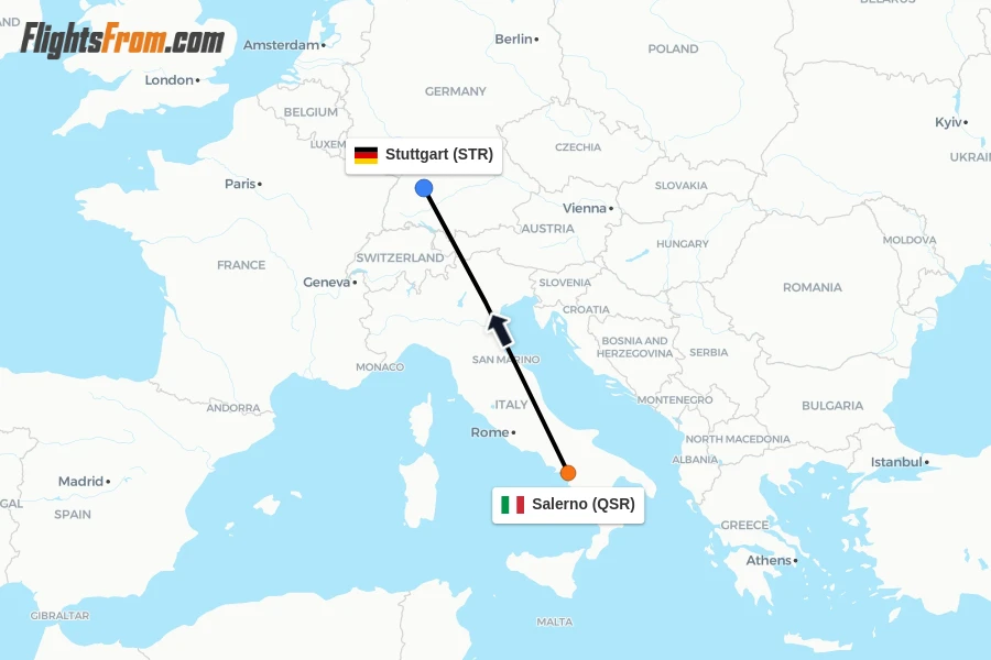 Flights from Salerno to Stuttgart route map