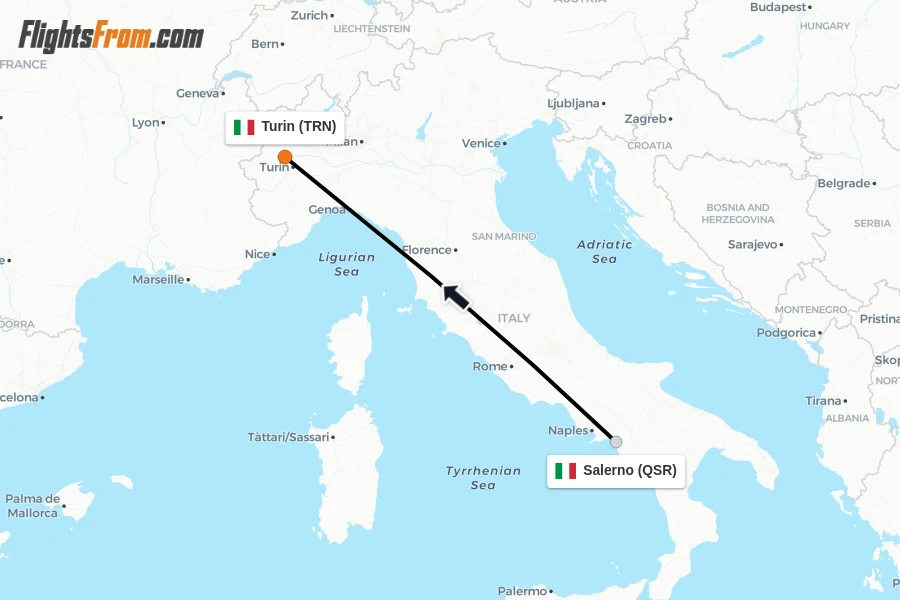 Flights from Salerno to Turin route map
