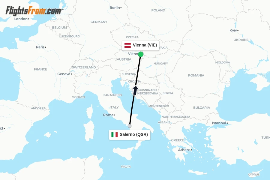 Flights from Salerno to Vienna route map