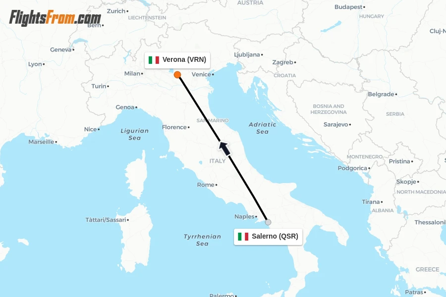 Flights from Salerno to Verona route map