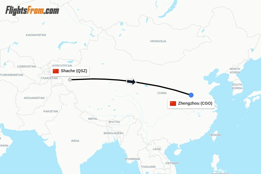 Flights from Shache to Zhengzhou route map