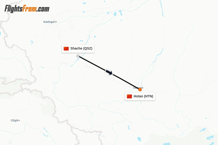 Flights from Shache to Hotan route map