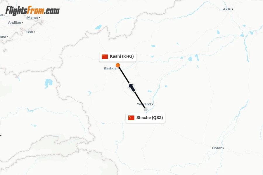 Flights from Shache to Kashi route map