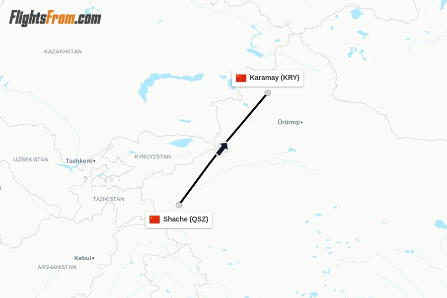 Flights from Shache to Karamay route map