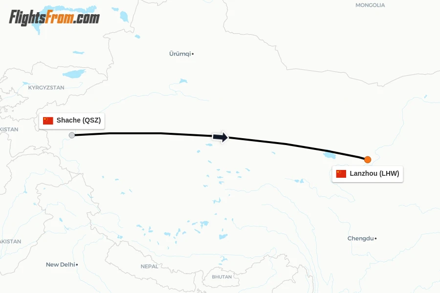 Flights from Shache to Lanzhou route map