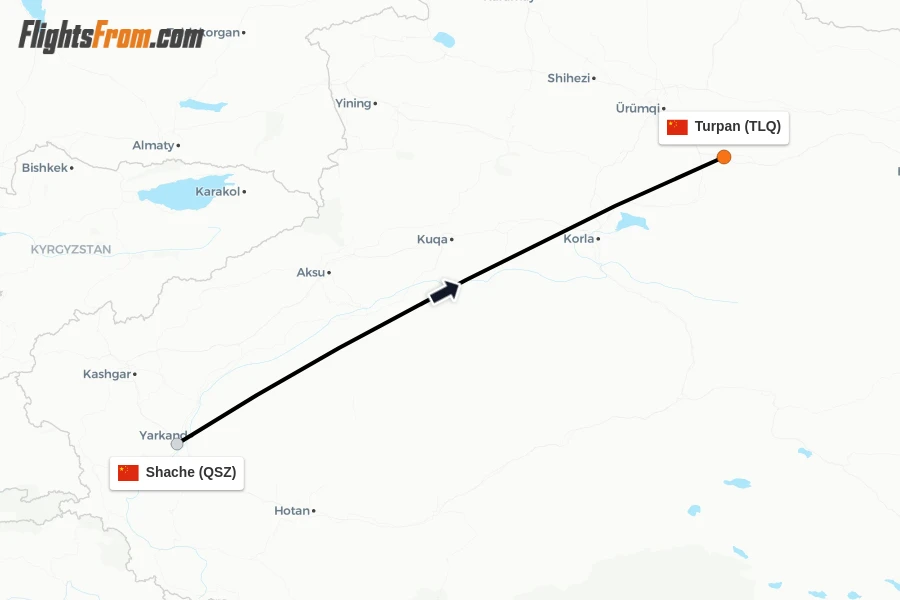 Flights from Shache to Turpan route map