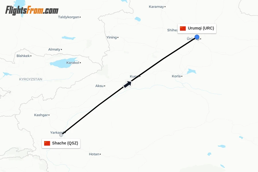 Flights from Shache to Urumqi route map