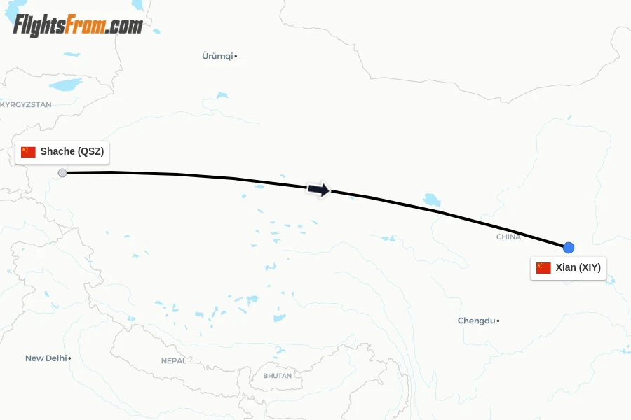 Flights from Shache to Xian route map