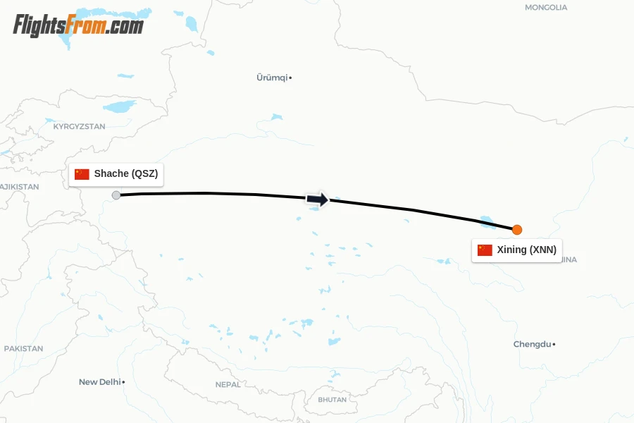 Flights from Shache to Xining route map