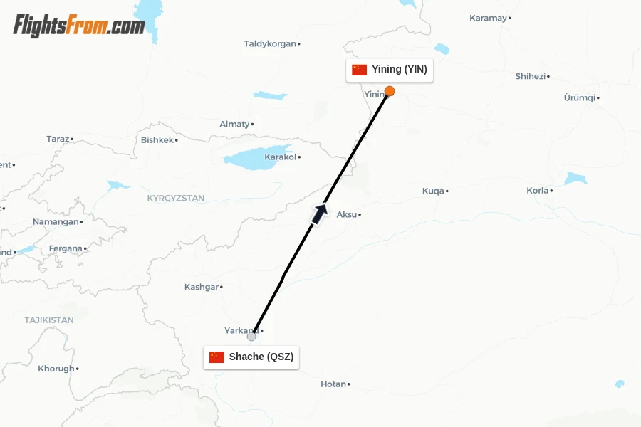 Flights from Shache to Yining route map