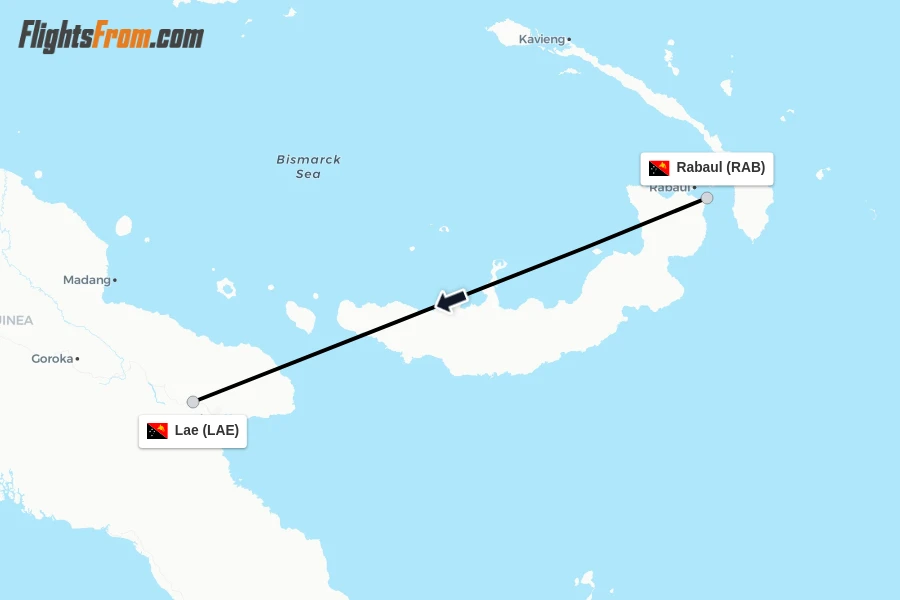 Flights from Rabaul to Lae route map