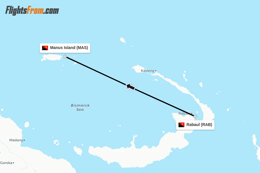 Flights from Rabaul to Manus Island route map