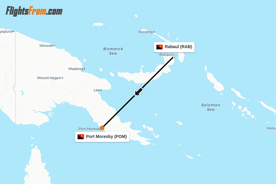 Flights from Rabaul to Port Moresby route map