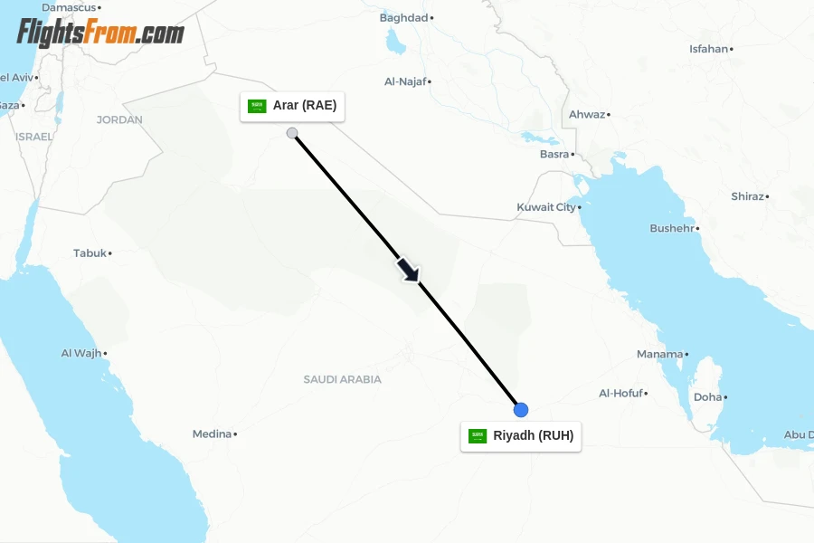 Flights from Arar to Riyadh route map