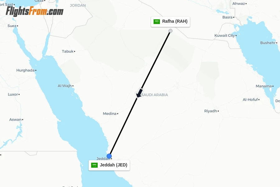 Flights from Rafha to Jeddah route map