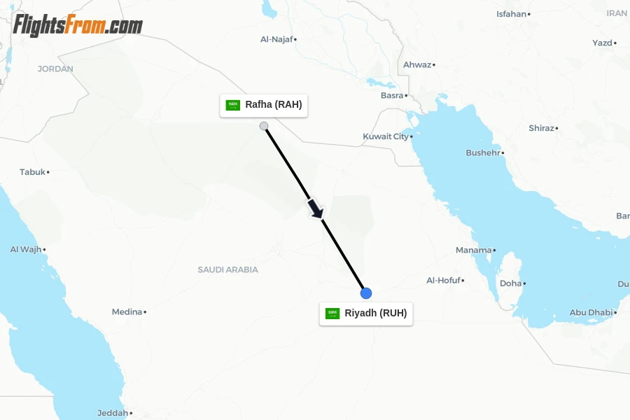 Flights from Rafha to Riyadh route map