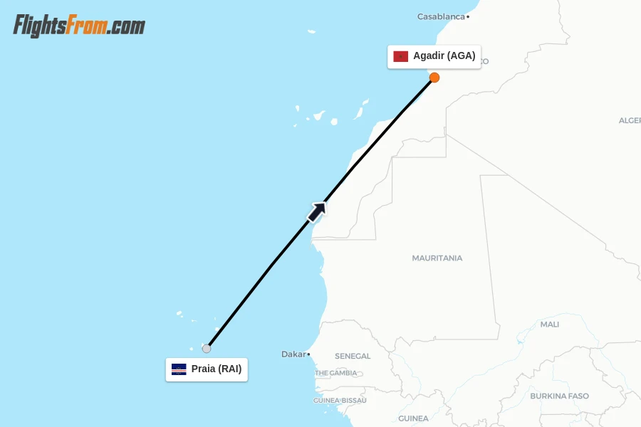 Flights from Praia to Agadir route map