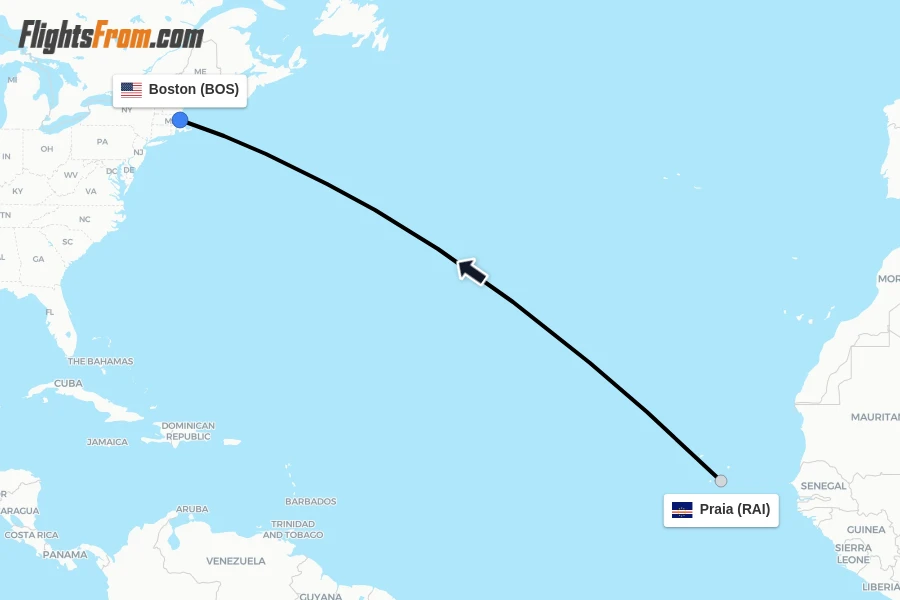 Flights from Praia to Boston route map